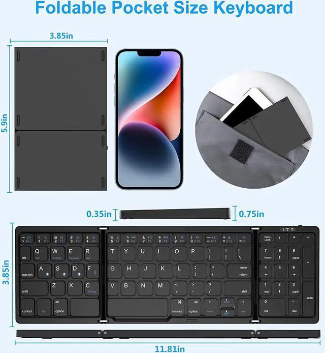 Alt view image 5 of 7 - Foldable Bluetooth Keyboard, Foldable Wireless Portable Keyboard with Numeric Keypad, USB-C Rechargeable for iOS, Android, Windows System Laptop Tablet Smartphone Device (Not Full Size)