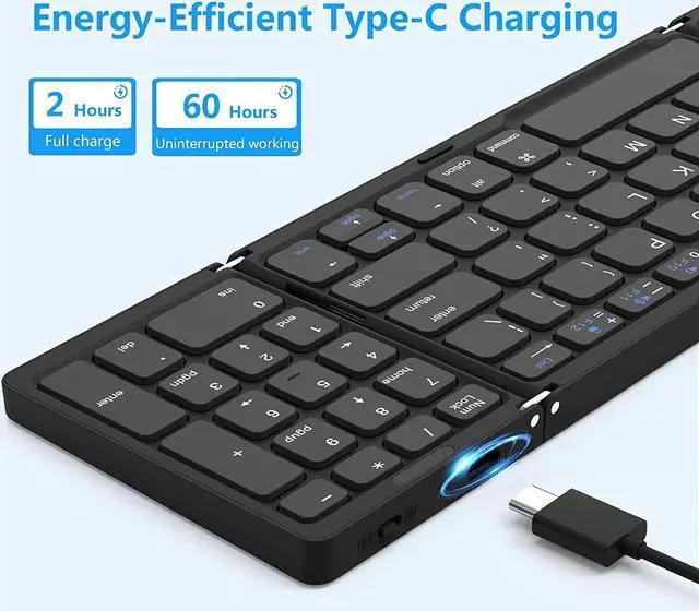 Alt view image 6 of 7 - Foldable Bluetooth Keyboard, Foldable Wireless Portable Keyboard with Numeric Keypad, USB-C Rechargeable for iOS, Android, Windows System Laptop Tablet Smartphone Device (Not Full Size)