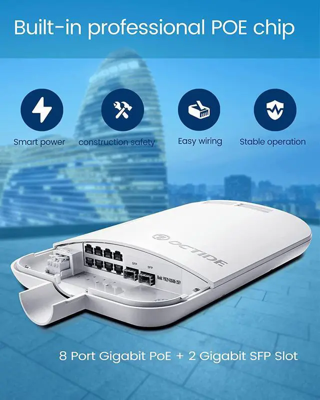 Alt view image 5 of 6 - Octide Outdoor Weatherproof PoE Switch, with 8×Gigabit Poe/Uplink Ports+2G SFP Slots, All-in-One Box, 120W PoE Power Budget, IEEE802.3af/at, AI Watchdog, Plug&Play, Fan-Less Unmanaged.