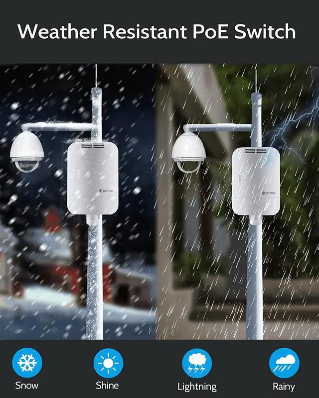 Alt view image 6 of 6 - Octide Outdoor Weatherproof PoE Switch, with 8×Gigabit Poe/Uplink Ports+2G SFP Slots, All-in-One Box, 120W PoE Power Budget, IEEE802.3af/at, AI Watchdog, Plug&Play, Fan-Less Unmanaged.