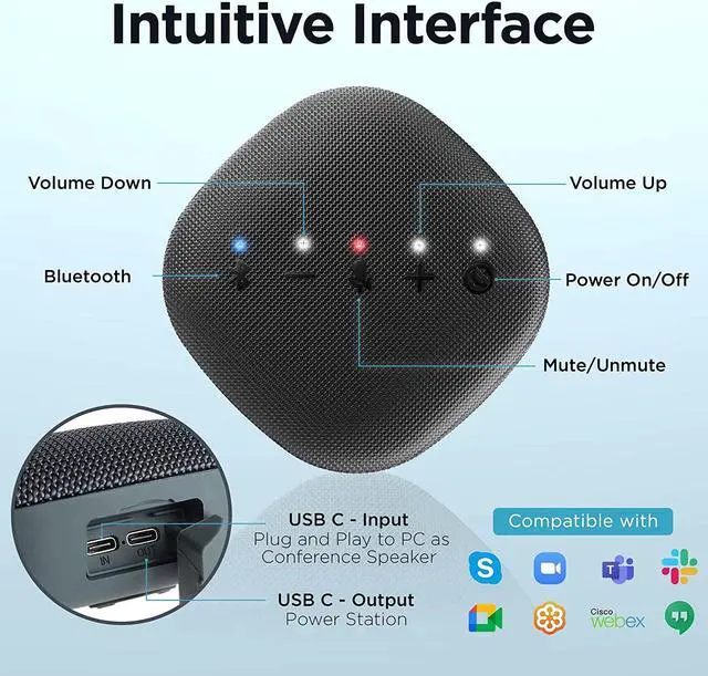 Alt view image 6 of 7 - Bluetooth Conference Speaker with Microphone for Teams & Zoom | Loud & HiFi Portable USB Speakerphone | Noise Cancelling & 360°Omnidirectional Conference Room Microphone and Speaker