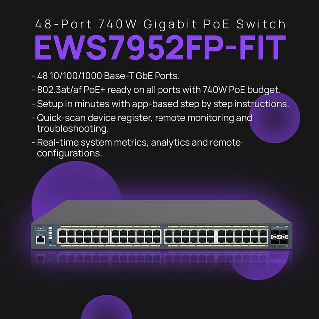 EnGenius Fit L2 Plus Managed EWS7952FP-FIT 48-Port Gigabit PoE+ Switch with  740W Budget, 4 SFP Uplink Ports