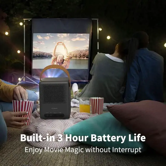 Alt view image 2 of 7 - Portable Projector for Outdoor Movie, WEMAX Dice Mini Projectors with WiFi Bluetooth, 700 ANSI Lumens 1080p FHD 4K Support, 3 Hrs Battery Video Time, Android TV 9.0, Dolby Audio, Auto Focus Keystone