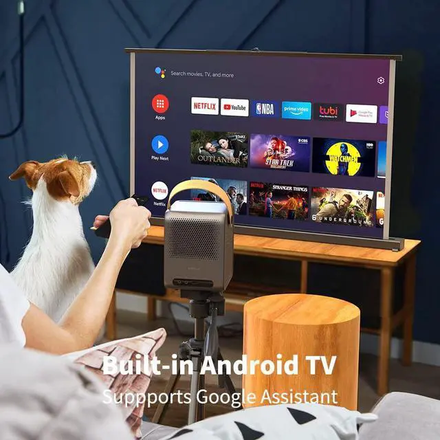 Alt view image 4 of 7 - Portable Projector for Outdoor Movie, WEMAX Dice Mini Projectors with WiFi Bluetooth, 700 ANSI Lumens 1080p FHD 4K Support, 3 Hrs Battery Video Time, Android TV 9.0, Dolby Audio, Auto Focus Keystone