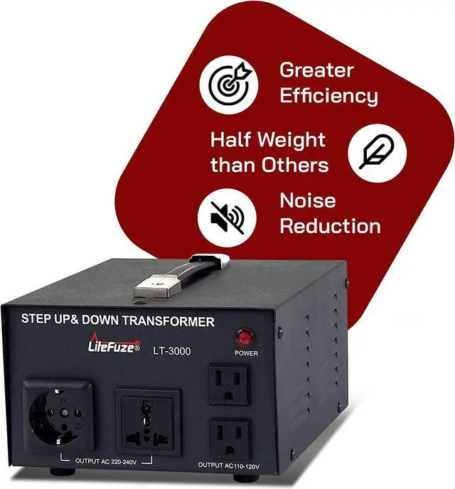 Alt view image 3 of 7 - LiteFuze LT Series 3000 Watt Voltage Converter Transformer Step Up/Down - 110v to 220v / 220v to 110v Power Converter - Fully Grounded Cord - Universal Socket, CE Certified