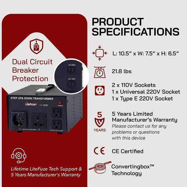 Alt view image 7 of 7 - LiteFuze LT Series 3000 Watt Voltage Converter Transformer Step Up/Down - 110v to 220v / 220v to 110v Power Converter - Fully Grounded Cord - Universal Socket, CE Certified