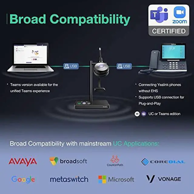 Alt view image 5 of 11 - Yealink WH62 Wireless Headset with Microphone for PC Computer Laptop Zoom Teams Certified Headset for Office IP VoIP Phones DECT Headset SIP Phone for Unified Communication