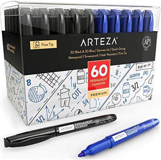 Arteza Permanent Markers in Bulk, Set of 60, Black & Blue Fine Tip  Permanent Markers, Waterproof, Premium Smear Proof Pens, Quick Drying,  Office Supplies for Home, Office, School 