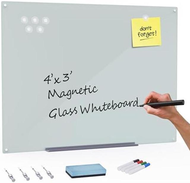 Houseables Glass Dry Erase Board, Frosted Whiteboard, Magnetic, 4x3 Feet  (48 x 36), White Boards, Glassboard, Clear Frameless Display, Modern,  Wall Mount, 4 Markers, Marker Tray, 1 Eraser, 6 Magnets 