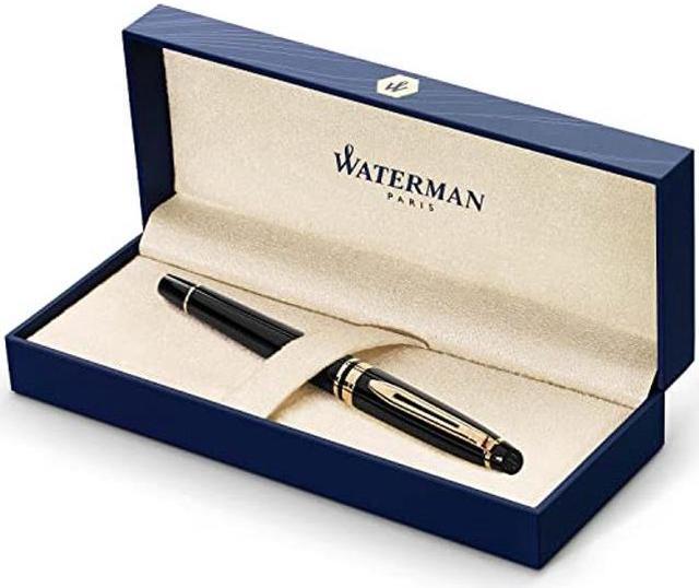 Waterman Expert Fountain Pen, Gloss Black With 23k Gold Trim and Gift Box,  Fine Nib, Calligraphy