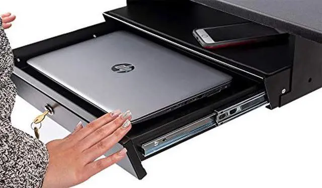 Alt view image 2 of 5 - Stand Up Desk Store Add-On Office Sliding Under-Desk Drawer Storage Organizer for Standing Desks (Black, Lockable with Padded Laptop Shelf)