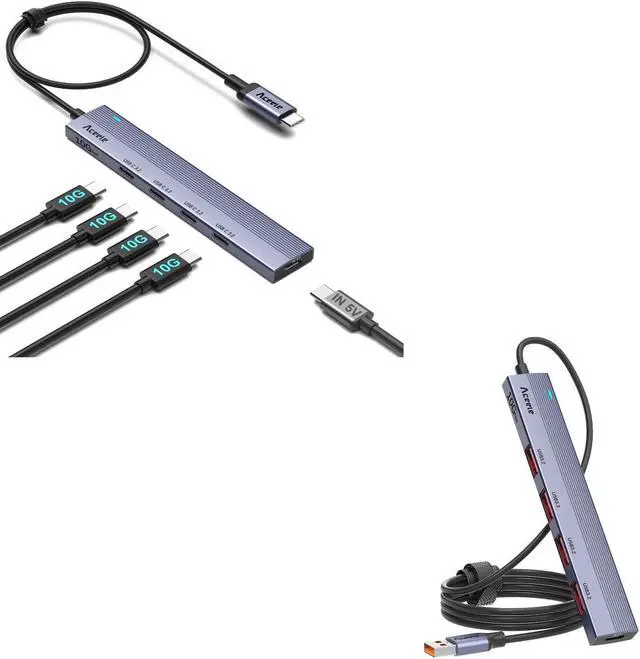 Main image of Aceele 10Gbps USB C Hub, 4 Ports USB 3.2 Gen 2 Hub, USB C to USB C Hub with Type-C Power Port, 2ft Extension Long Cable USB C Adapter Data Hub for MacBook Pro, Bundle of 4ft Long Cable USB-A 3.2 Hub