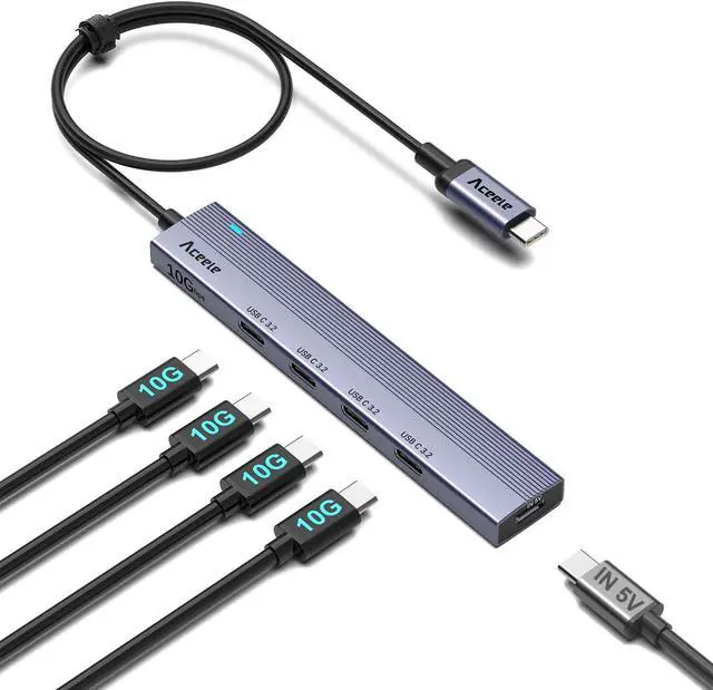 Alt view image 2 of 5 - Aceele 10Gbps USB C Hub, 4 Ports USB 3.2 Gen 2 Hub, USB C to USB C Hub with Type-C Power Port, 2ft Extension Long Cable USB C Adapter Data Hub for MacBook Pro, Bundle of 4ft Long Cable USB-A 3.2 Hub