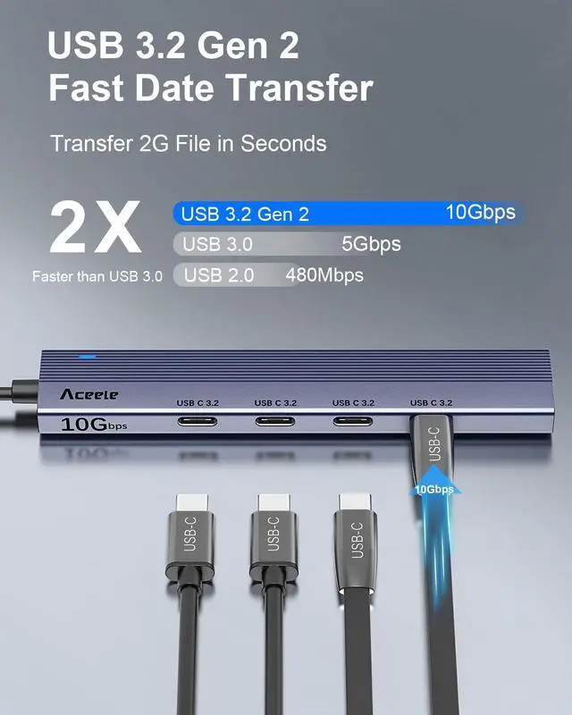 Alt view image 3 of 5 - Aceele 10Gbps USB C Hub, 4 Ports USB 3.2 Gen 2 Hub, USB C to USB C Hub with Type-C Power Port, 2ft Extension Long Cable USB C Adapter Data Hub for MacBook Pro, Bundle of 4ft Long Cable USB-A 3.2 Hub