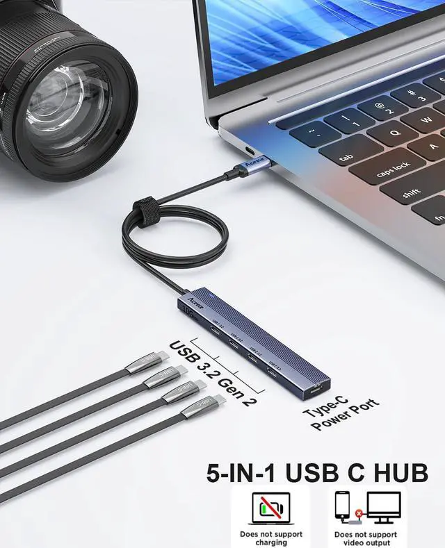 Alt view image 4 of 5 - Aceele 10Gbps USB C Hub, 4 Ports USB 3.2 Gen 2 Hub, USB C to USB C Hub with Type-C Power Port, 2ft Extension Long Cable USB C Adapter Data Hub for MacBook Pro, Bundle of 4ft Long Cable USB-A 3.2 Hub