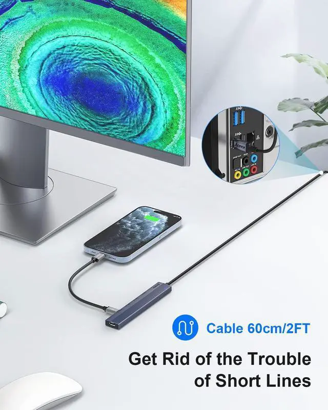 Alt view image 5 of 5 - Aceele 10Gbps USB C Hub, 4 Ports USB 3.2 Gen 2 Hub, USB C to USB C Hub with Type-C Power Port, 2ft Extension Long Cable USB C Adapter Data Hub for MacBook Pro, Bundle of 4ft Long Cable USB-A 3.2 Hub