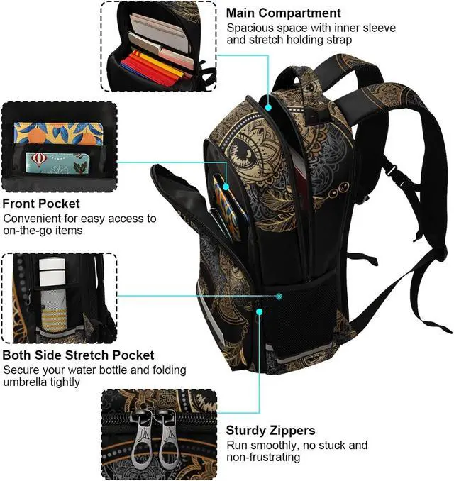Alt view image 5 of 5 - ALAZA Boho Chic Golden Crescent Moon & Sun Mandala Backpack Purse for Women Men Personalized Laptop Notebook Tablet School Bag Stylish Casual Daypack, 13 14 15.6 inch