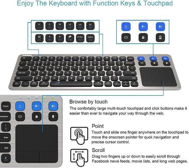 Alt view image 3 of 5 - Arteck Universal 2.4G Wireless and Bluetooth Touch TV Keyboard Multi-Device with Easy Media Control and Build-in Touchpad Keyboard for Smart TV, TV Box, TV-Connected Computer, Mac, HTPC