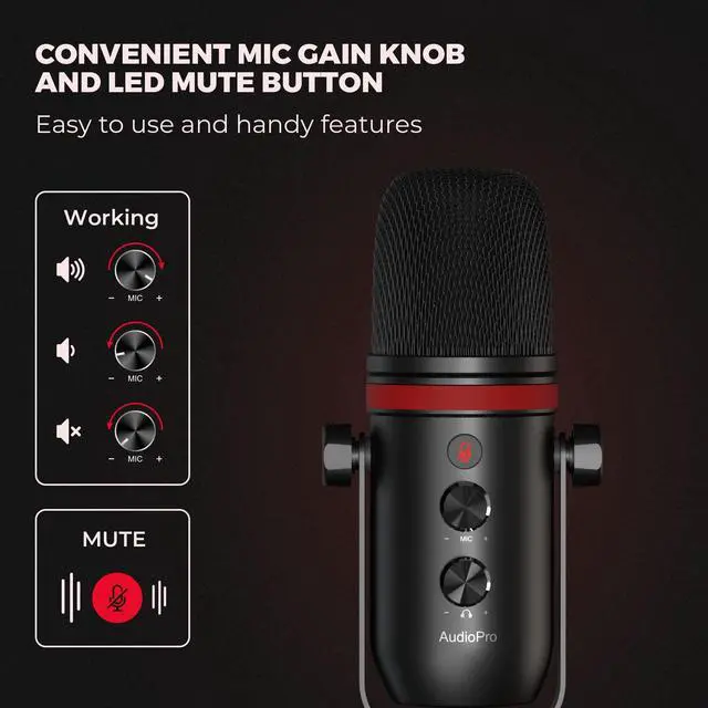 Alt view image 4 of 5 - AUDIOPRO USB Microphone, Computer Condenser Gaming Mic for PC/Laptop/PS4/5, Headphone Output, Volume Control, USB Type C Plug and Play, LED Mute Button, for Streaming, Podcast, Studio Recording