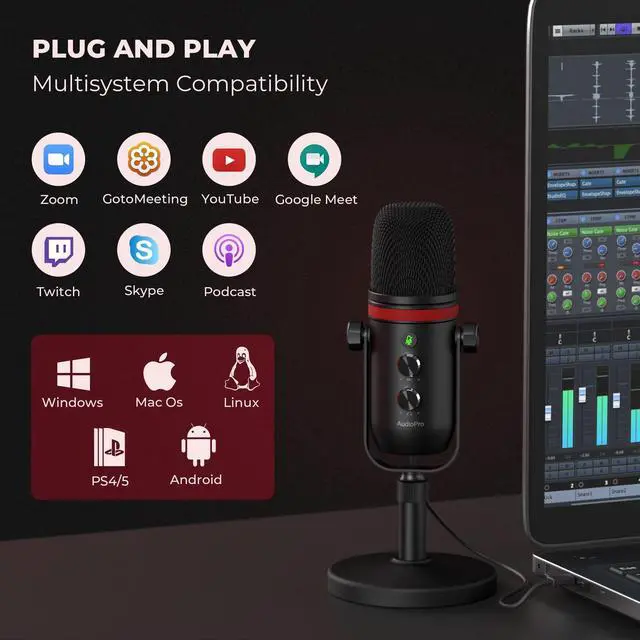 Alt view image 3 of 5 - AUDIOPRO USB Microphone, Computer Condenser Gaming Mic for PC/Laptop/PS4/5, Headphone Output, Volume Control, USB Type C Plug and Play, LED Mute Button, for Streaming, Podcast, Studio Recording