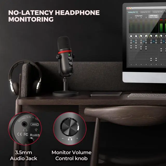 Alt view image 5 of 5 - AUDIOPRO USB Microphone, Computer Condenser Gaming Mic for PC/Laptop/PS4/5, Headphone Output, Volume Control, USB Type C Plug and Play, LED Mute Button, for Streaming, Podcast, Studio Recording
