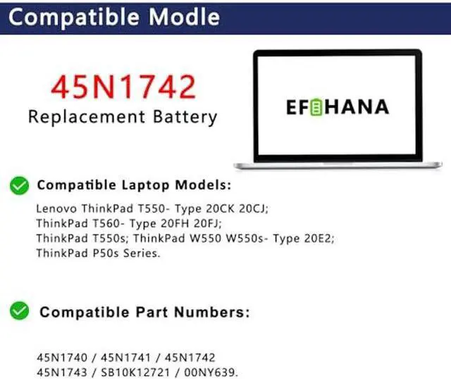 Alt view image 4 of 5 - EFOHANA 45N1742 45N1740 45N1741 45N1743 00NY639 Laptop Battery Replacement for Lenovo ThinkPad T550 T550s T560 W550 W550s P50S Type 20CK 20CJ 20FH 20FJ 20E2 Series SB10K12721 3ICP/7/61/70 3ICP7/62/66