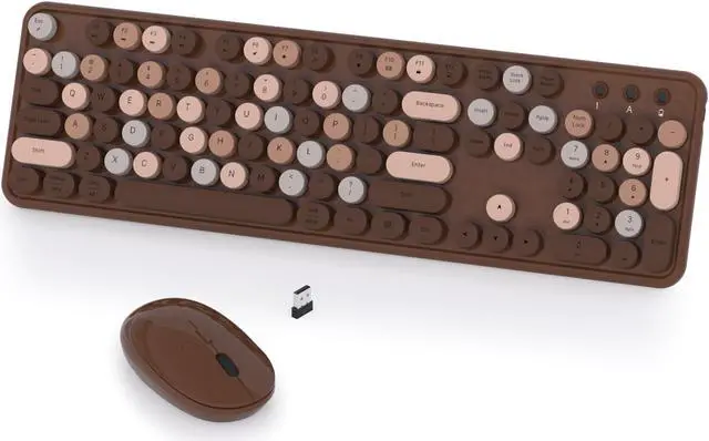 Main image of Colorful Wireless Keyboard and Mouse Combo, COVEVA 2.4GHz Wireless Retro Cute Round Keycaps Keyboard, 104 Keys Full-Sized Keyboard Mouse Set with Switch Button for PC Laptop Desktop (Brown Colorful)