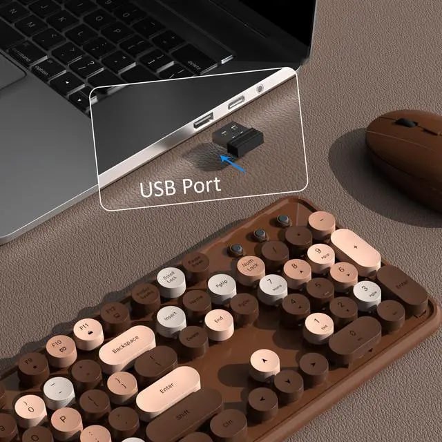 Alt view image 4 of 5 - Colorful Wireless Keyboard and Mouse Combo, COVEVA 2.4GHz Wireless Retro Cute Round Keycaps Keyboard, 104 Keys Full-Sized Keyboard Mouse Set with Switch Button for PC Laptop Desktop (Brown Colorful)