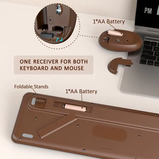 Alt view image 5 of 5 - Colorful Wireless Keyboard and Mouse Combo, COVEVA 2.4GHz Wireless Retro Cute Round Keycaps Keyboard, 104 Keys Full-Sized Keyboard Mouse Set with Switch Button for PC Laptop Desktop (Brown Colorful)