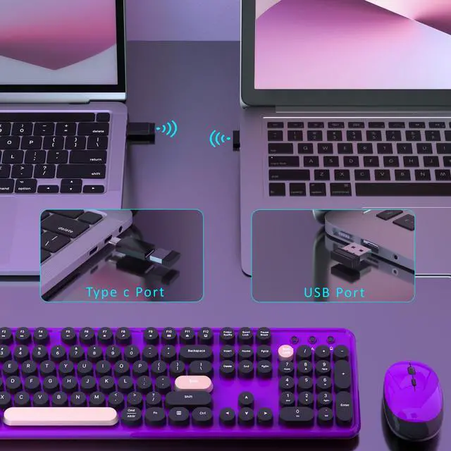 Alt view image 3 of 5 - Wireless Computer Keyboards Mouse Combos, COVEVA Colorful Typewriter Retro Keyboard with Round Keycaps, USB Keyboard and Mouse Set 2.4GHz Full-Size Wireless Keyboard and Optical MouseBlack-Purple
