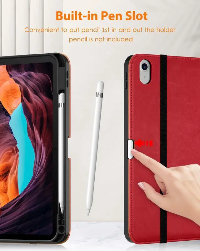 Alt view image 4 of 5 - DTTO iPad 10th Generation Case 10.9 Inch 2022, Premium Leather Business Folio Stand Case Red with Stylus Pen Grey