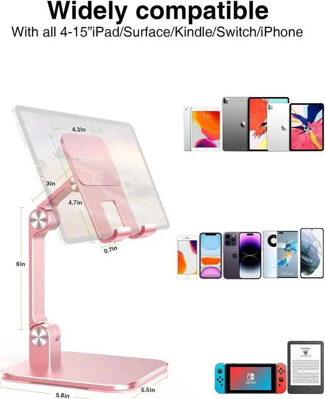 Alt view image 4 of 5 - elitehood Aluminum iPad Stand for Desk [Ultra-Stable & Sturdy], Height Adjustable Tablet Stand, Portable Stand Holder Dock for Home Office, Compatible with iPad Pro 12.9, iPad Air Mini 6 5 4 3, Pink