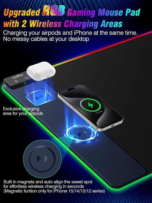 Alt view image 2 of 5 - RGB Gaming Mouse Pad with 15W Wireless Charging, LED Mouse Pad with Dual Wireless Charger for iPhone/Airpods, 31.5"x15.7" XXL Large Desk Mat, 13 Light Modes, Magnetic Charging, Non Slip Base, Blue