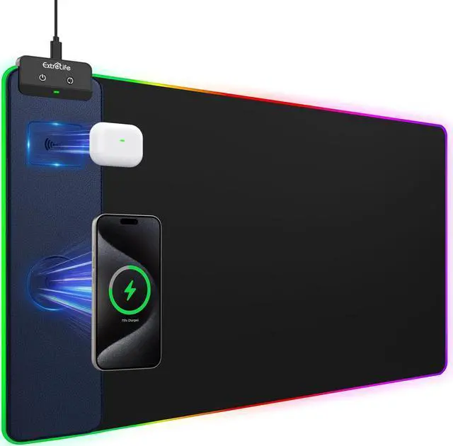 Main image of RGB Gaming Mouse Pad with 15W Wireless Charging, LED Mouse Pad with Dual Wireless Charger for iPhone/Airpods, 31.5"x15.7" XXL Large Desk Mat, 13 Light Modes, Magnetic Charging, Non Slip Base, Blue