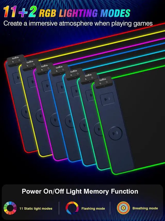Alt view image 3 of 5 - RGB Gaming Mouse Pad with 15W Wireless Charging, LED Mouse Pad with Dual Wireless Charger for iPhone/Airpods, 31.5"x15.7" XXL Large Desk Mat, 13 Light Modes, Magnetic Charging, Non Slip Base, Blue