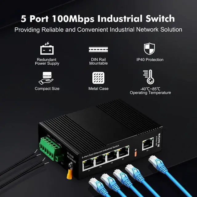 Alt view image 2 of 5 - MokerLink 5 Port Industrial DIN-Rail Network Switch, 10/100Mbps Fast Ethernet, IP40 Rated Network Switch (-40 to 185°F), with UL Power Supply