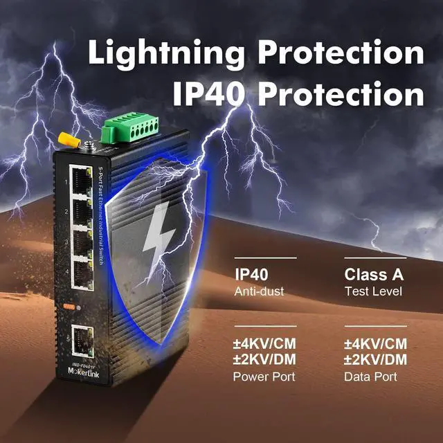 Alt view image 3 of 5 - MokerLink 5 Port Industrial DIN-Rail Network Switch, 10/100Mbps Fast Ethernet, IP40 Rated Network Switch (-40 to 185°F), with UL Power Supply