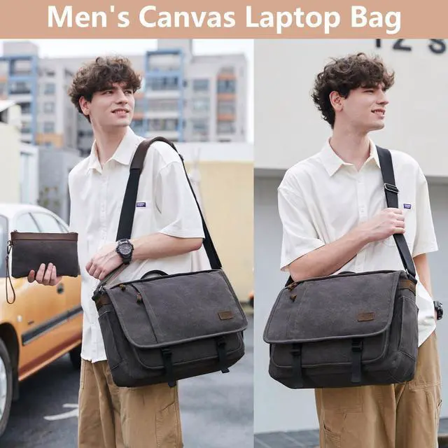 Alt view image 2 of 5 - Nerlion Messenger Bag for Men 17-17.3 Inch Laptop Bag Canvas Water-resistant Computer Bag Shoulder Bag Work Briefcase Bookbag for College (Gray)