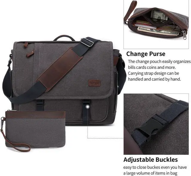 Alt view image 3 of 5 - Nerlion Messenger Bag for Men 17-17.3 Inch Laptop Bag Canvas Water-resistant Computer Bag Shoulder Bag Work Briefcase Bookbag for College (Gray)