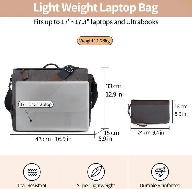 Alt view image 4 of 5 - Nerlion Messenger Bag for Men 17-17.3 Inch Laptop Bag Canvas Water-resistant Computer Bag Shoulder Bag Work Briefcase Bookbag for College (Gray)