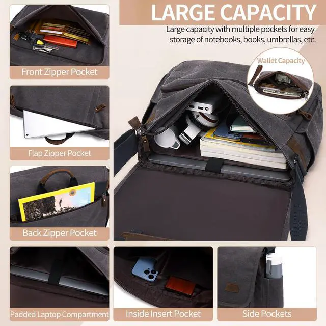 Alt view image 5 of 5 - Nerlion Messenger Bag for Men 17-17.3 Inch Laptop Bag Canvas Water-resistant Computer Bag Shoulder Bag Work Briefcase Bookbag for College (Gray)