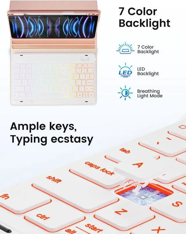 Alt view image 3 of 5 - OYEEICE for iPad pro 12.9 case with Keyboard (6th, 5th Generation) & iPad Air 13 inch M2 - Wireless Detachable BT Backlit Magnetic Keyboard, Built-in Pencil Holder, Smart Cover (Pink)