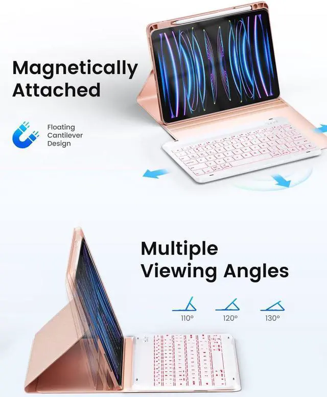 Alt view image 5 of 5 - OYEEICE for iPad pro 12.9 case with Keyboard (6th, 5th Generation) & iPad Air 13 inch M2 - Wireless Detachable BT Backlit Magnetic Keyboard, Built-in Pencil Holder, Smart Cover (Pink)