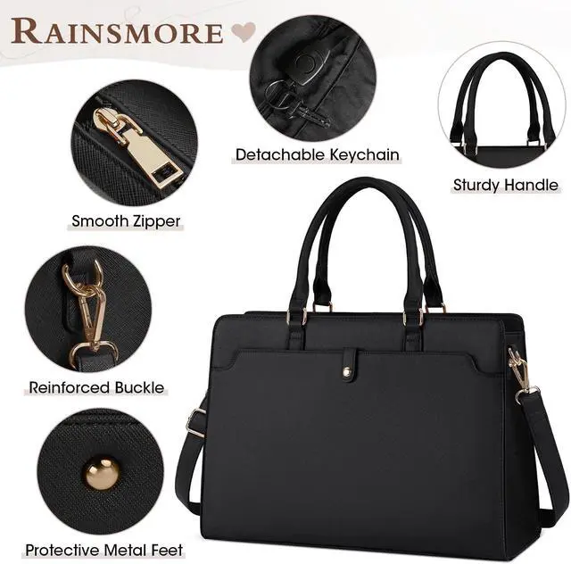 Alt view image 2 of 5 - RAINSMORE Laptop Bag for Women 15.6 Inch Laptop Tote Bag Leather Work Bag Waterproof Womens Briefcase Business Office Computer Tote Bag Large Capacity Handbag Shoulder Bag Black