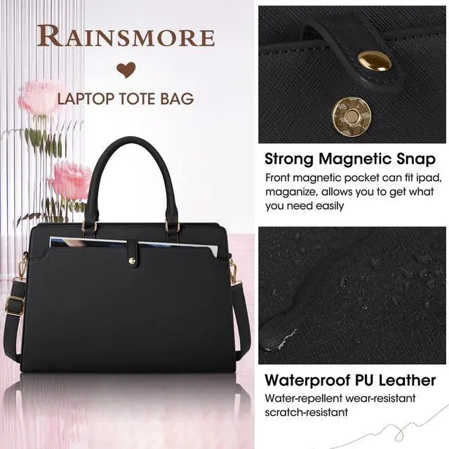 Alt view image 3 of 5 - RAINSMORE Laptop Bag for Women 15.6 Inch Laptop Tote Bag Leather Work Bag Waterproof Womens Briefcase Business Office Computer Tote Bag Large Capacity Handbag Shoulder Bag Black