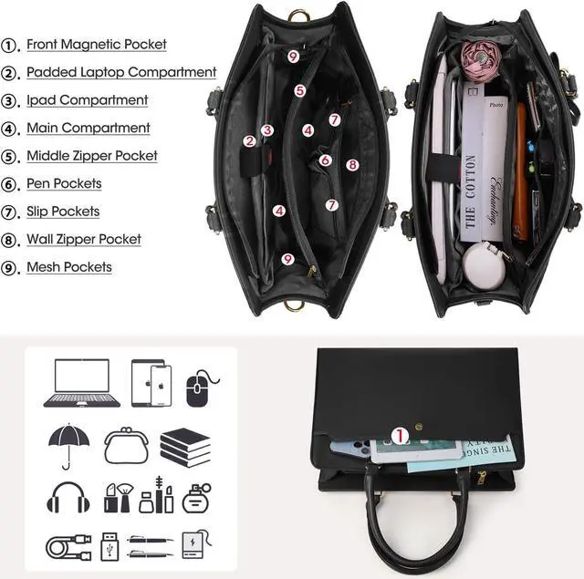 Alt view image 4 of 5 - RAINSMORE Laptop Bag for Women 15.6 Inch Laptop Tote Bag Leather Work Bag Waterproof Womens Briefcase Business Office Computer Tote Bag Large Capacity Handbag Shoulder Bag Black
