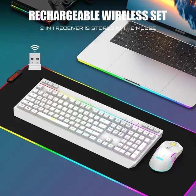 Alt view image 2 of 5 - RedThunder K20 Wireless Keyboard and Mouse Combo, Full Size Anti-Ghosting Keyboard with Multimedia Keys + 7D 4800DPI Optical Mice, Rechargeable RGB Gaming/Office Set for PC Laptop Mac Xbox (White)