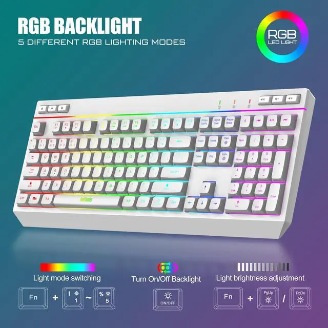 Alt view image 4 of 5 - RedThunder K20 Wireless Keyboard and Mouse Combo, Full Size Anti-Ghosting Keyboard with Multimedia Keys + 7D 4800DPI Optical Mice, Rechargeable RGB Gaming/Office Set for PC Laptop Mac Xbox (White)