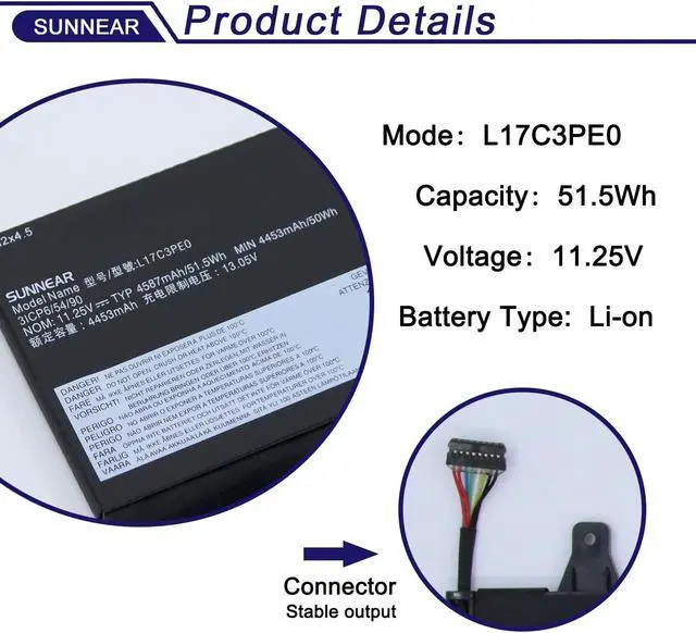 Alt view image 2 of 5 - SUNNEAR L17C3PE0 Laptop Battery Replacement for Lenovo Yoga 730-15 730-15IWL Yoga 730-15IKB 730-151KB 81CU 81JS Series 5B10Q39196 5B10W67214 5B10Q39197 5B10W67390 L17L3PE0 11.25V 51.5Wh