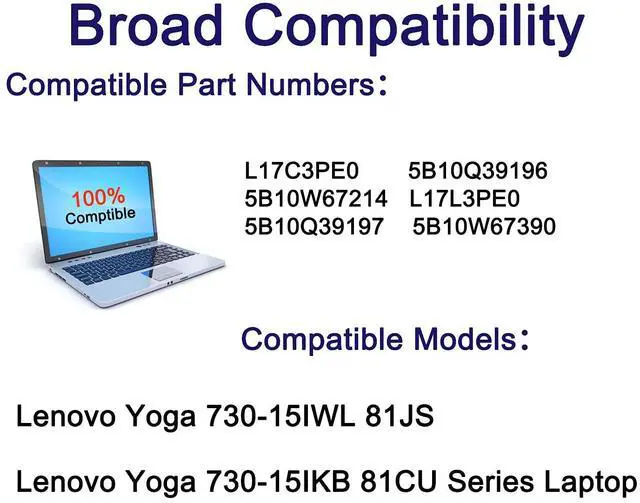 Alt view image 5 of 5 - SUNNEAR L17C3PE0 Laptop Battery Replacement for Lenovo Yoga 730-15 730-15IWL Yoga 730-15IKB 730-151KB 81CU 81JS Series 5B10Q39196 5B10W67214 5B10Q39197 5B10W67390 L17L3PE0 11.25V 51.5Wh
